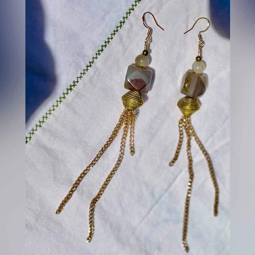 Handmade Vintage African Brass Bead, Agate Stone and Gold Chain Dangle Earrings
